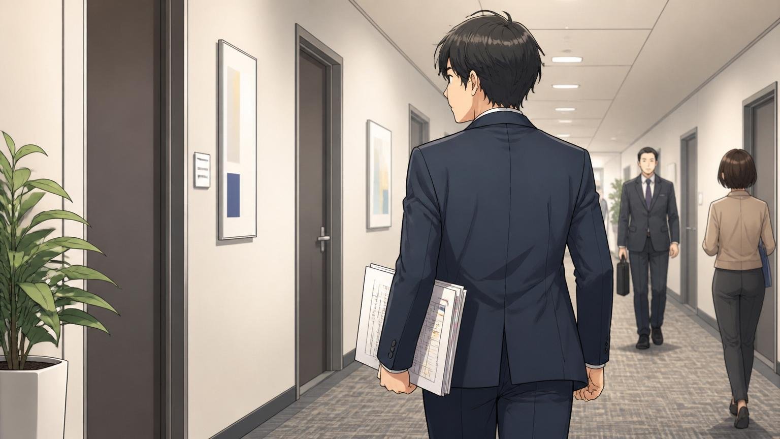 客先のフロアで上司との1on1を終えた30代男性エンジニアが資料を握りしめて廊下を歩く後ろ姿