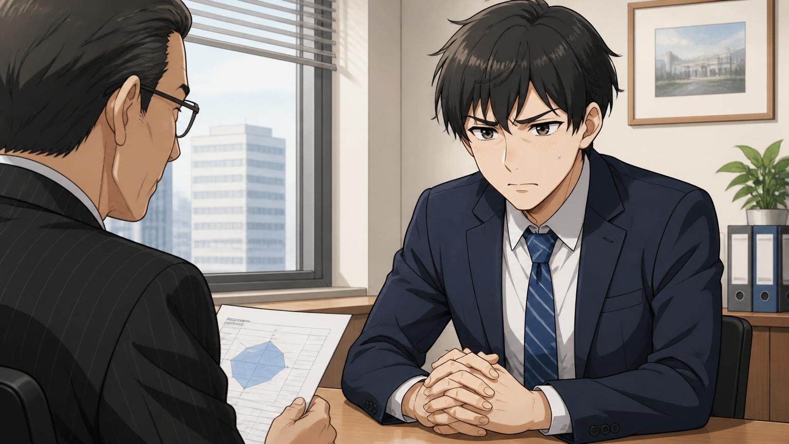 低評価項目 社員の士気と長期育成と評価適正感 老舗SIerのオフィスで評価面談に納得いかない若手社員1人、複雑な表情