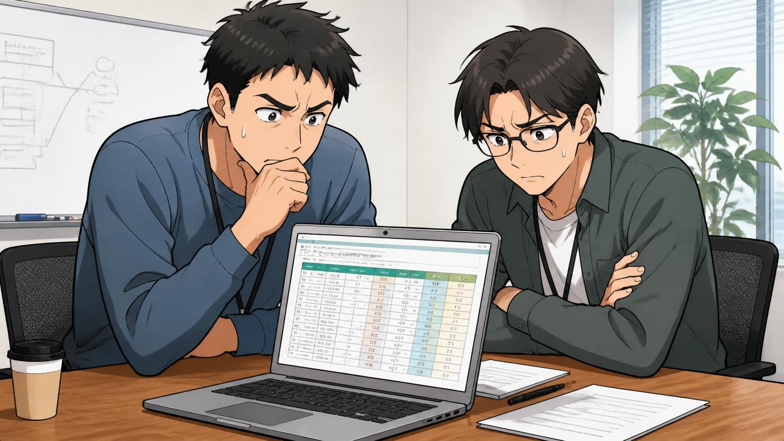 企業の会議室で年収シミュレーションのスプレッドシートを見ながら考え込む30代エンジニア2人