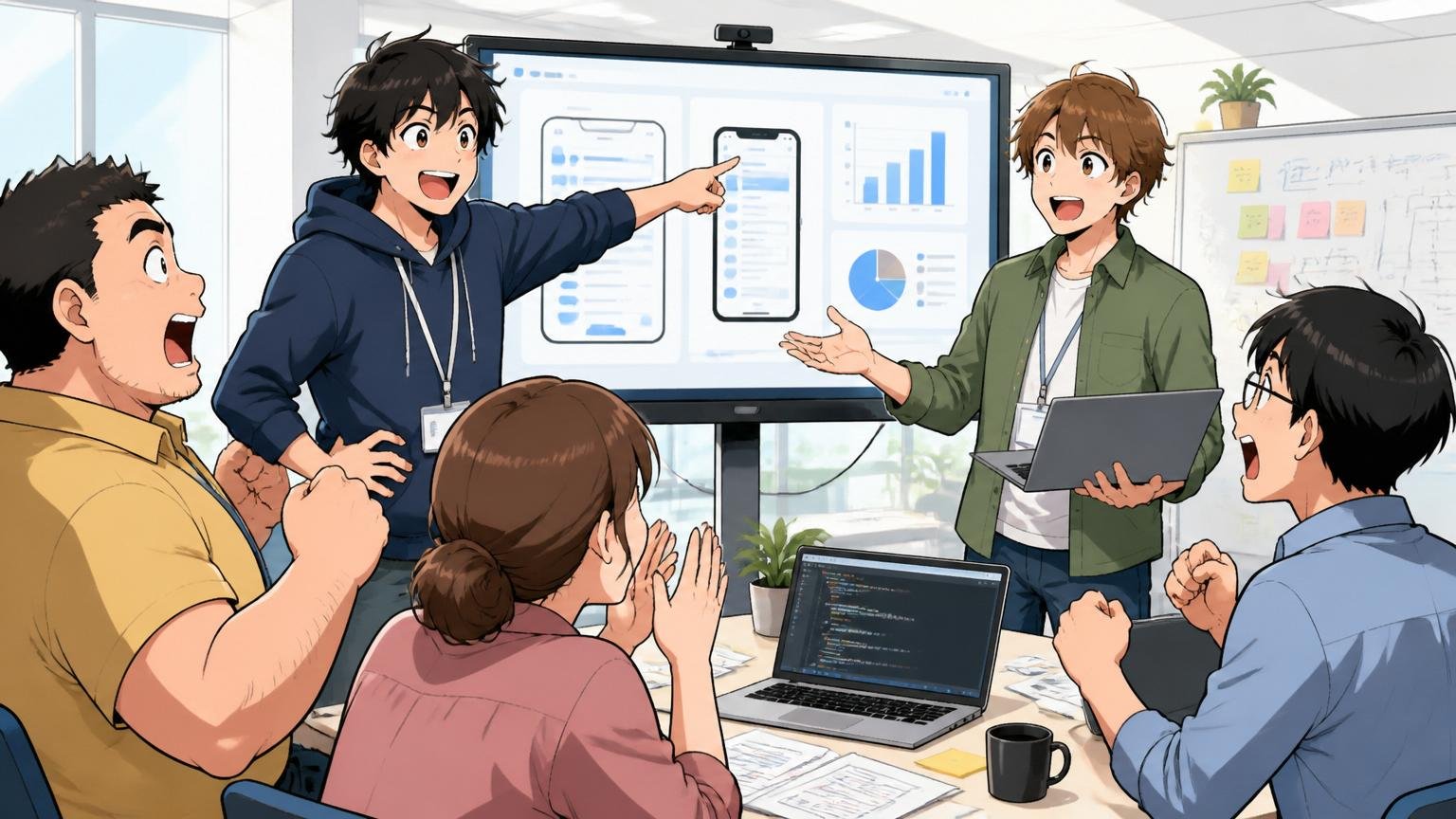 Web系SaaS企業のオフィスで20代エンジニア2人が裁量大きく新機能をプレゼンする活気ある場面