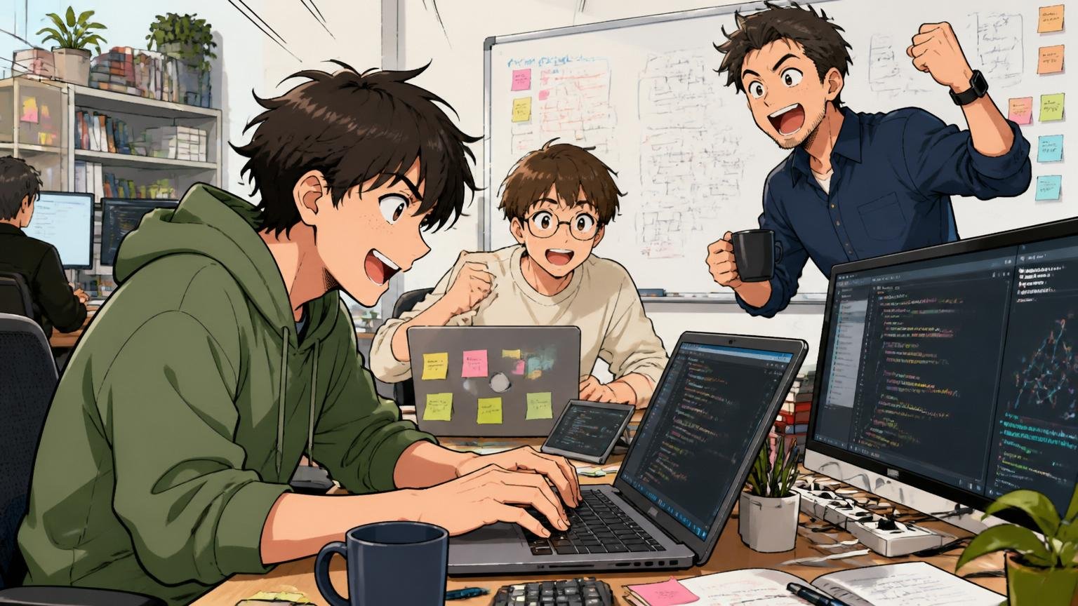 Tech dayで自分の好きな技術検証に没頭する、Web系スタートアップのオフィスで若手エンジニア2人と中堅エンジニア1人