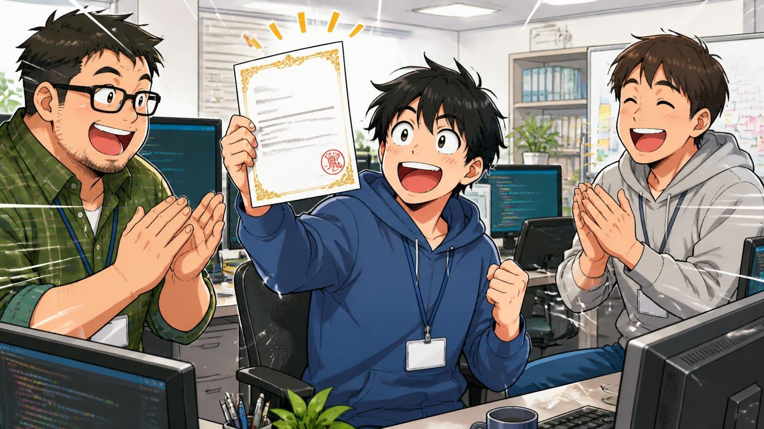 IT企業のオフィスデスクで合格通知書を手に喜ぶ若手エンジニアと拍手で祝う先輩エンジニア2人の明るい表情
