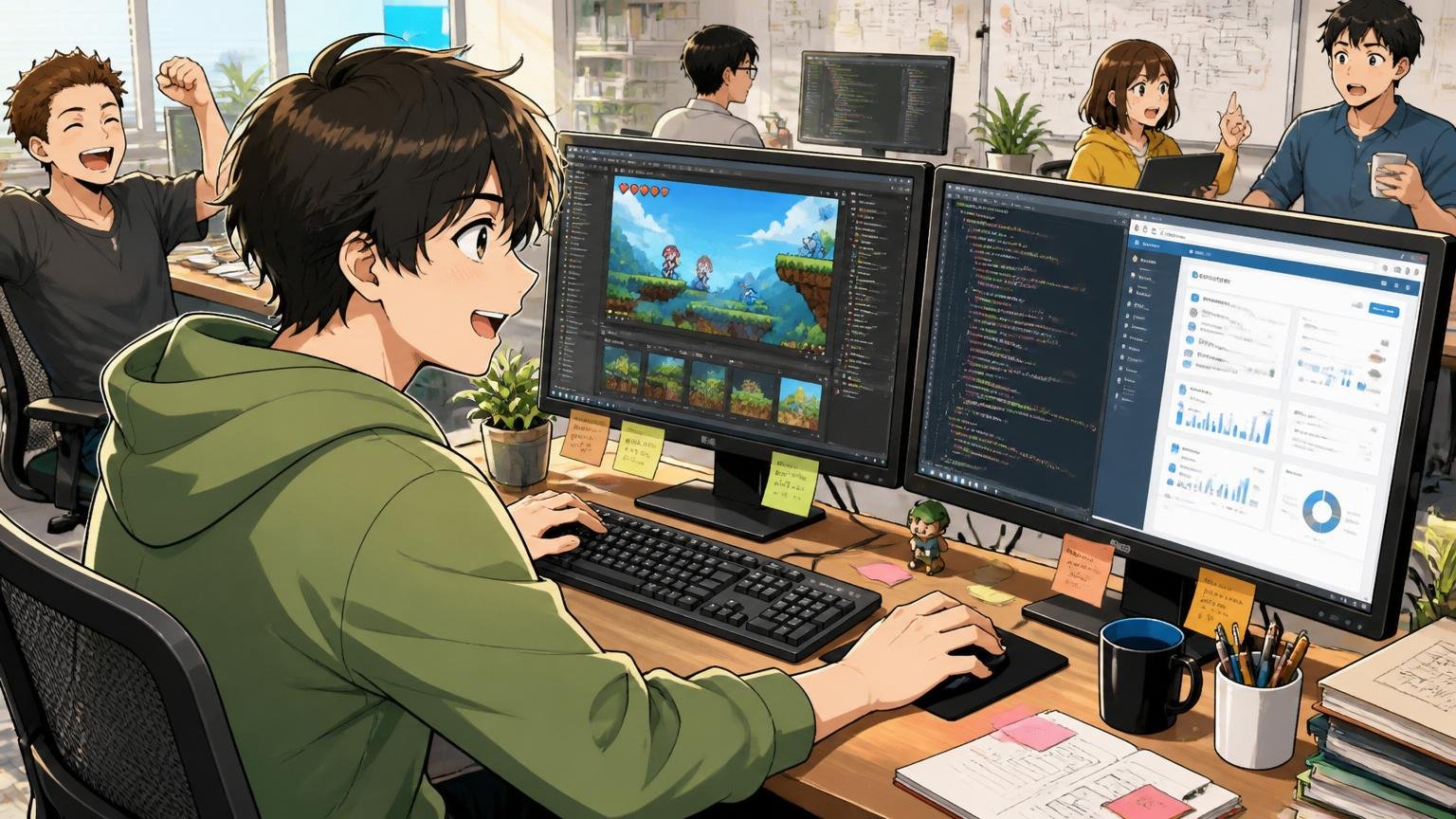 Web系スタートアップのオフィスで若手エンジニアがゲーム開発とWebシステムの両方の画面を切り替えながら作業する場面
