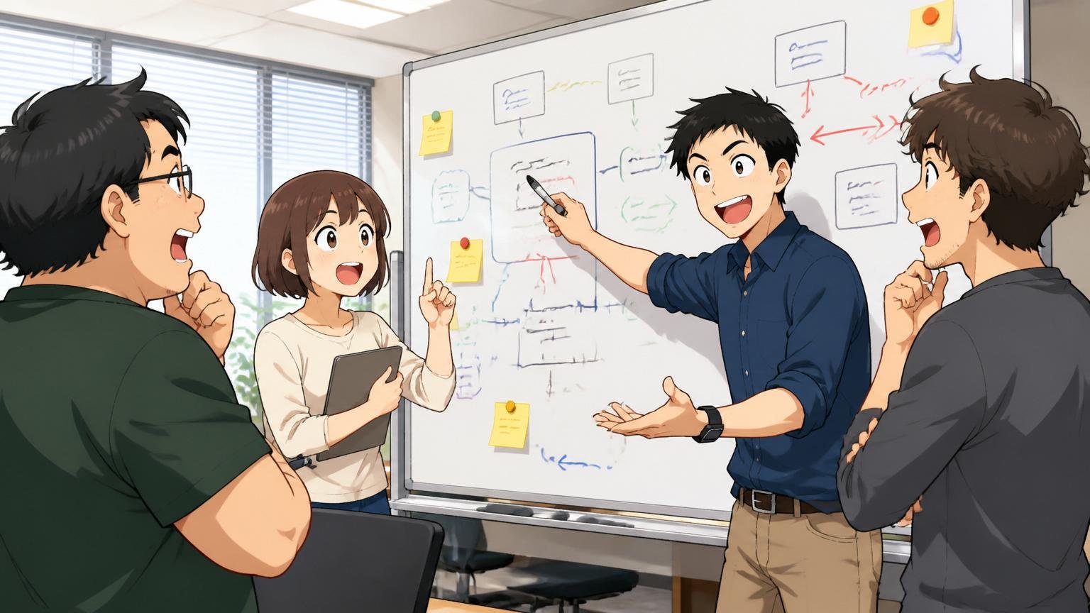 企業の会議室で輪になってホワイトボードを囲みながら社内勉強会をする4人のエンジニア