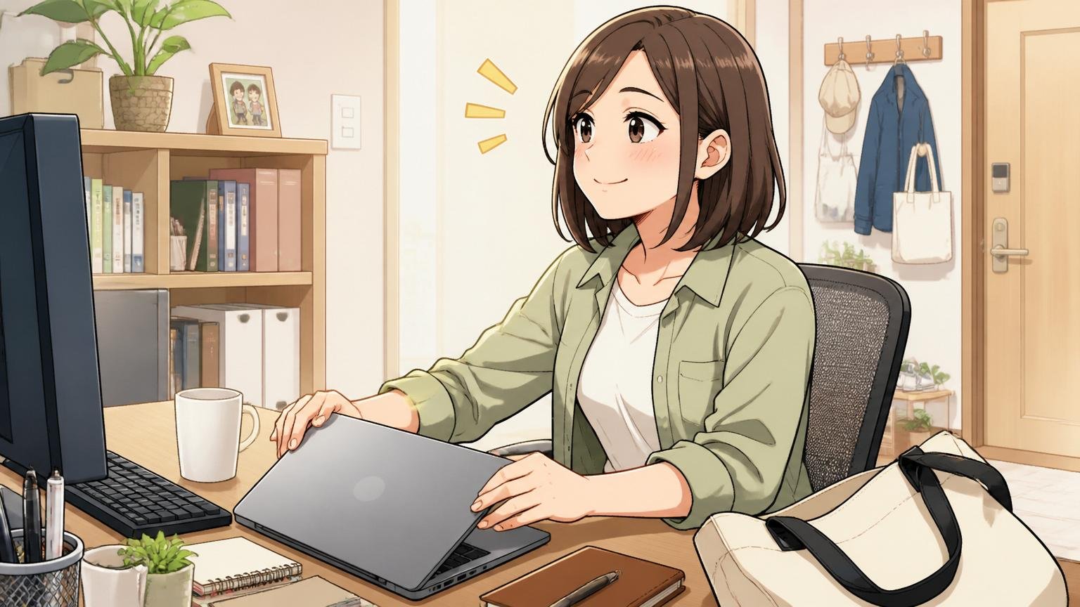 自宅のデスクで在宅勤務する30代女性エンジニア1人が子どもの送迎前にPCを閉じてリラックスした表情