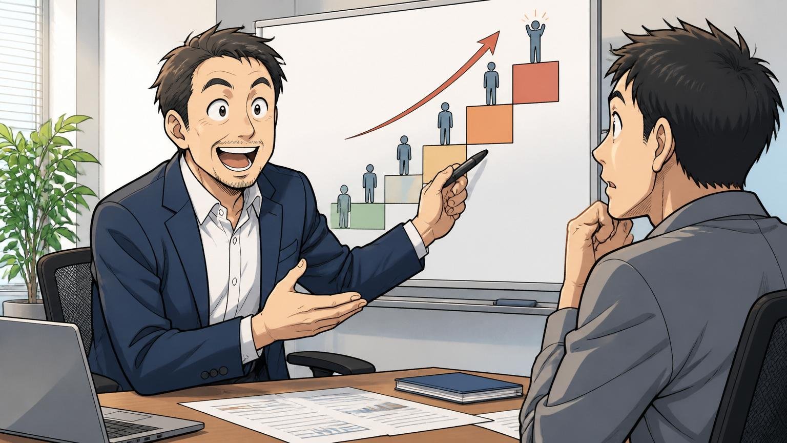 企業の会議室で40代男性マネージャーが評価面談中に30代男性エンジニアにグレード制を説明している