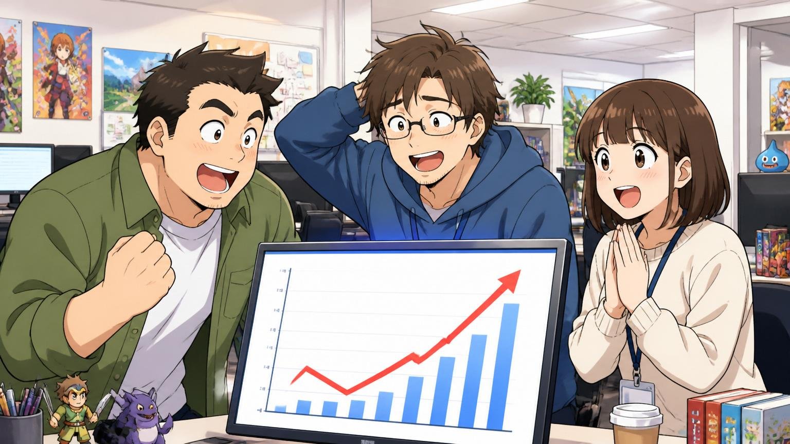 Web系ゲーム会社のオフィスで男女ビジネスパーソン3人が黒字転換のグラフを見て安堵の表情を浮かべている