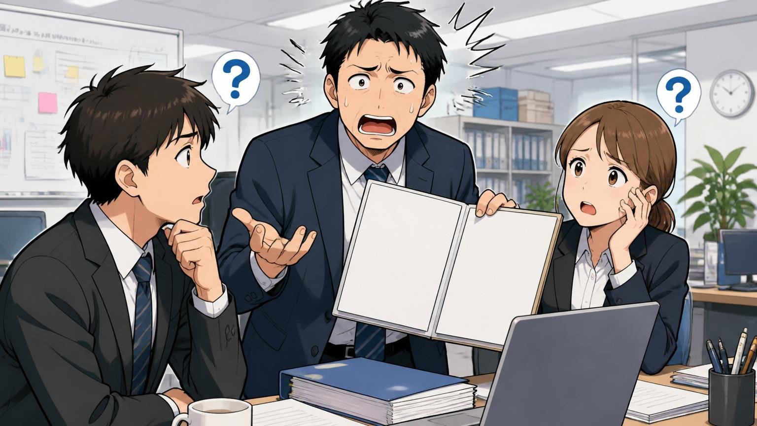 理由②組織体制と教育制度のばらつき、BtoB企業のオフィスで30代男性マネージャーが新入社員2人にOJT説明、マニュアル不在で困惑する表情