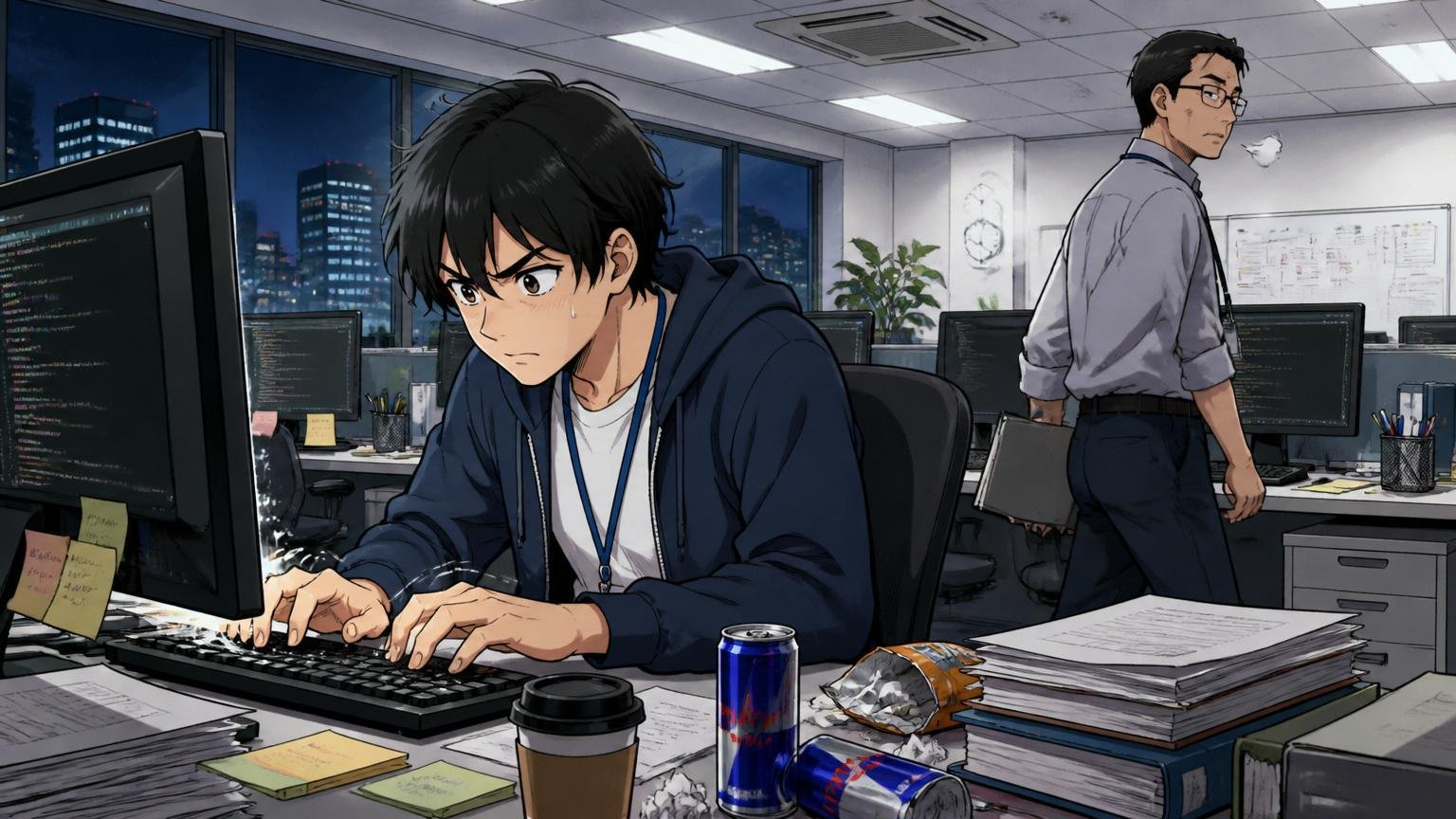 平日深夜のSIer開発現場で残業しながらコードを書く20代男性プログラマー1人とその後ろを通り過ぎる中堅エンジニア