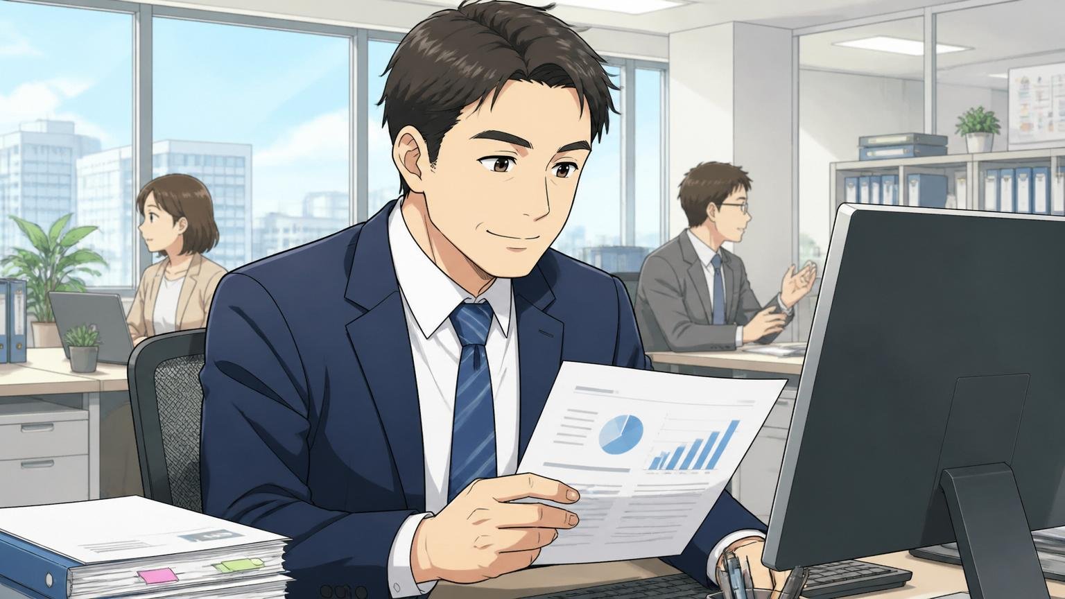 コーポレート部門のワークライフバランス。大手企業の人事部オフィスで管理職1人がPC前で穏やかに資料を確認するシーン
