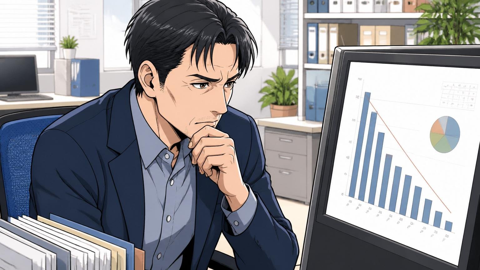 Web系企業の人事部で離職率データの棒グラフを真剣な表情で見つめる40代男性マネージャー1人