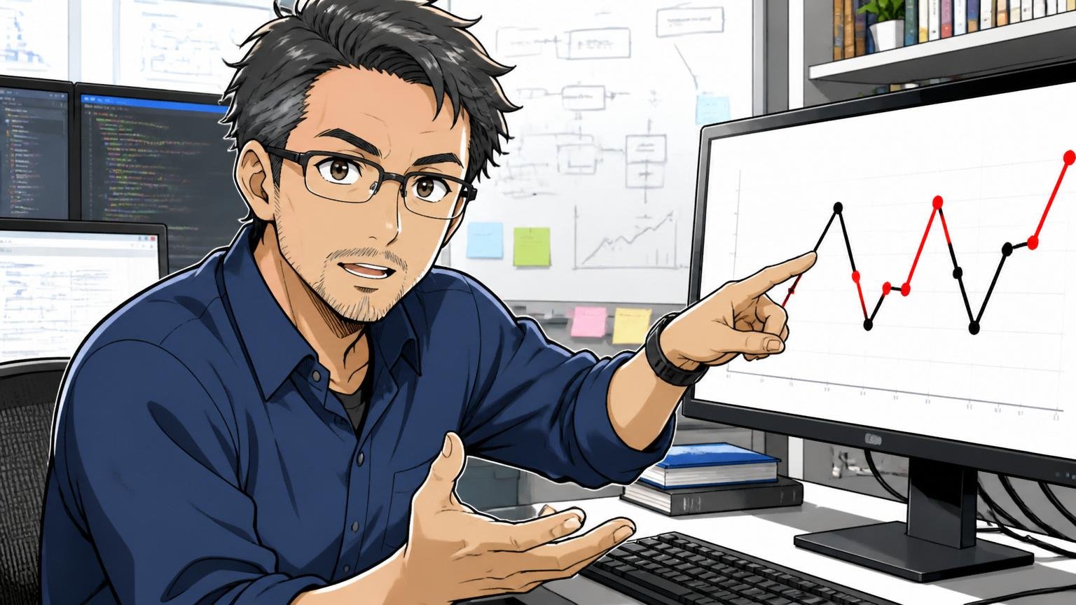 黒字・赤字が交互に来る構造とその意味|オフィスのデスクで折れ線グラフを指差しながら説明する40代男性ベテランエンジニア、真剣で穏やかな表情