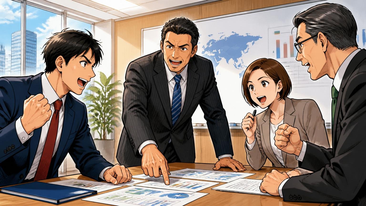 親会社は丸紅とセコムを示す商社のオフィスでの打ち合わせ、企業の会議室、社員4人、力強い表情