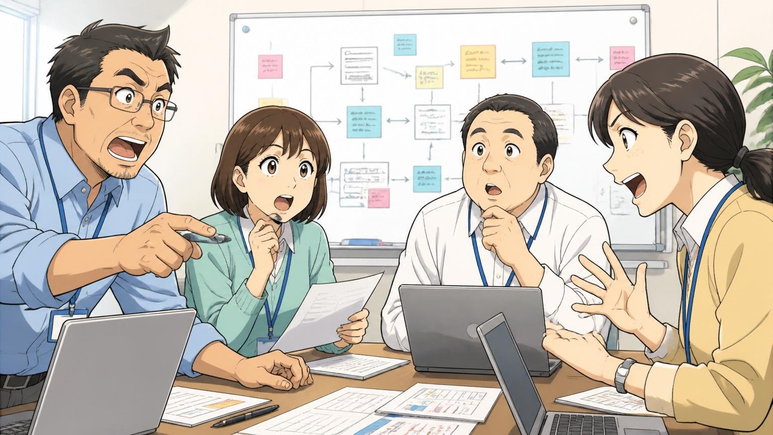 日鉄ソリューションズの会議室でITサービス事業の引き継ぎについて議論する30代から50代の男女エンジニア4名
