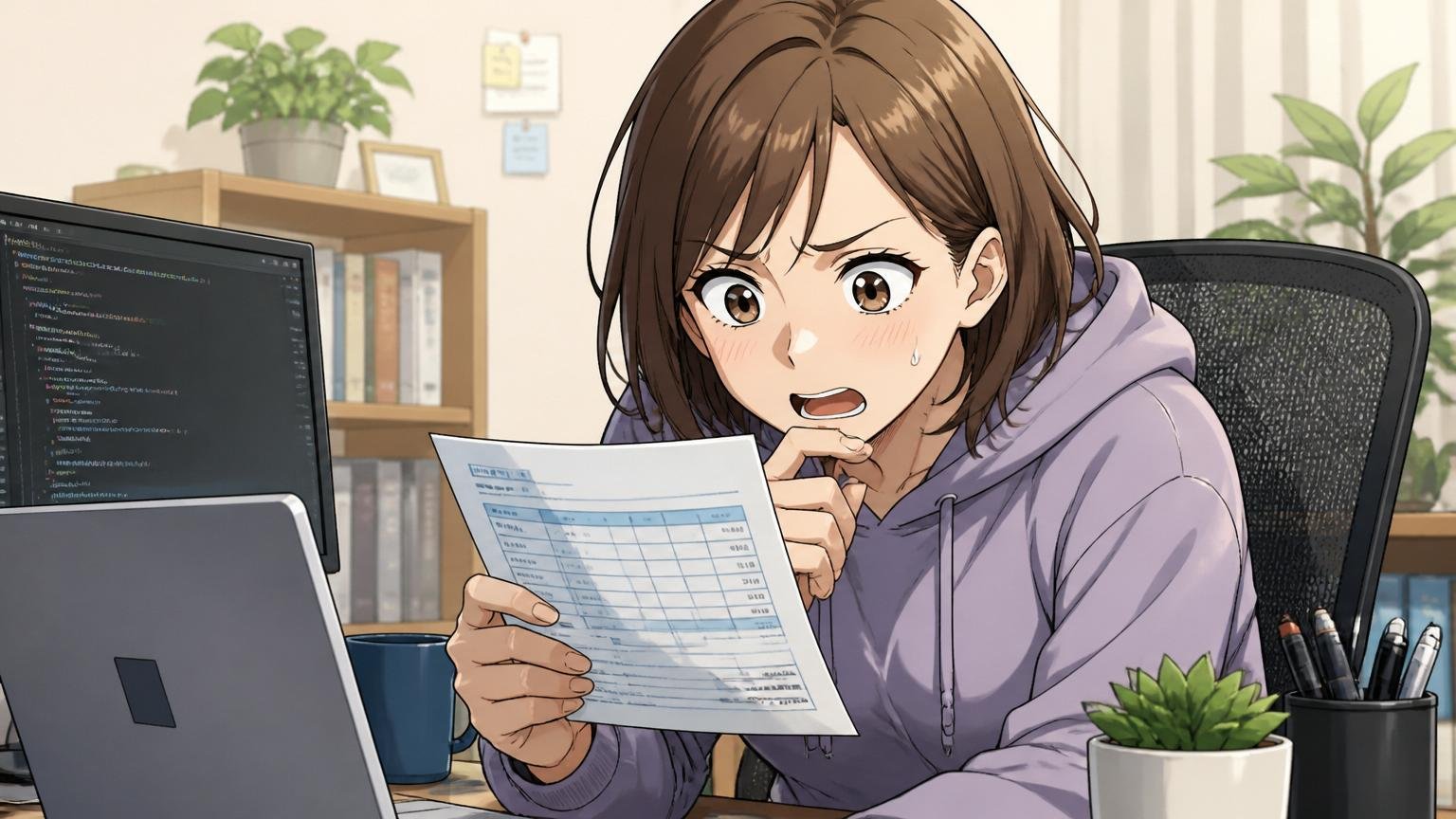 自宅のデスクで在宅勤務する30代女性エンジニアが、給与明細をのぞき込みながら困惑した表情をしている場面