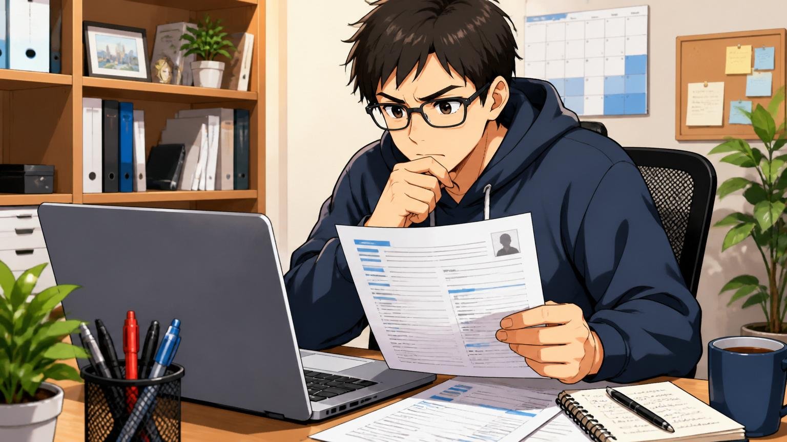 自宅のデスクで職務経歴書を見直しながらノートPCに向かう30代エンジニア