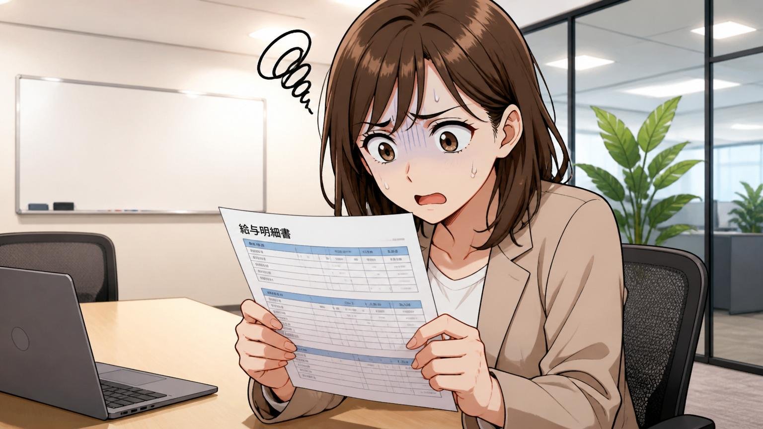 低評価の項目・Web系企業の会議室で30代女性1人が給与明細を見て困惑している