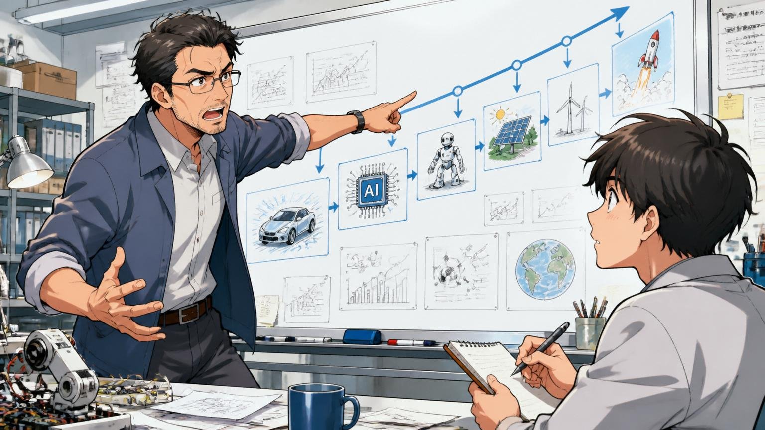 2025年の減益は「悪い減益」か？。研究所のホワイトボード前で次世代技術ロードマップを指差すリーダー風の男性と熱心にメモを取る20代の若手エンジニア