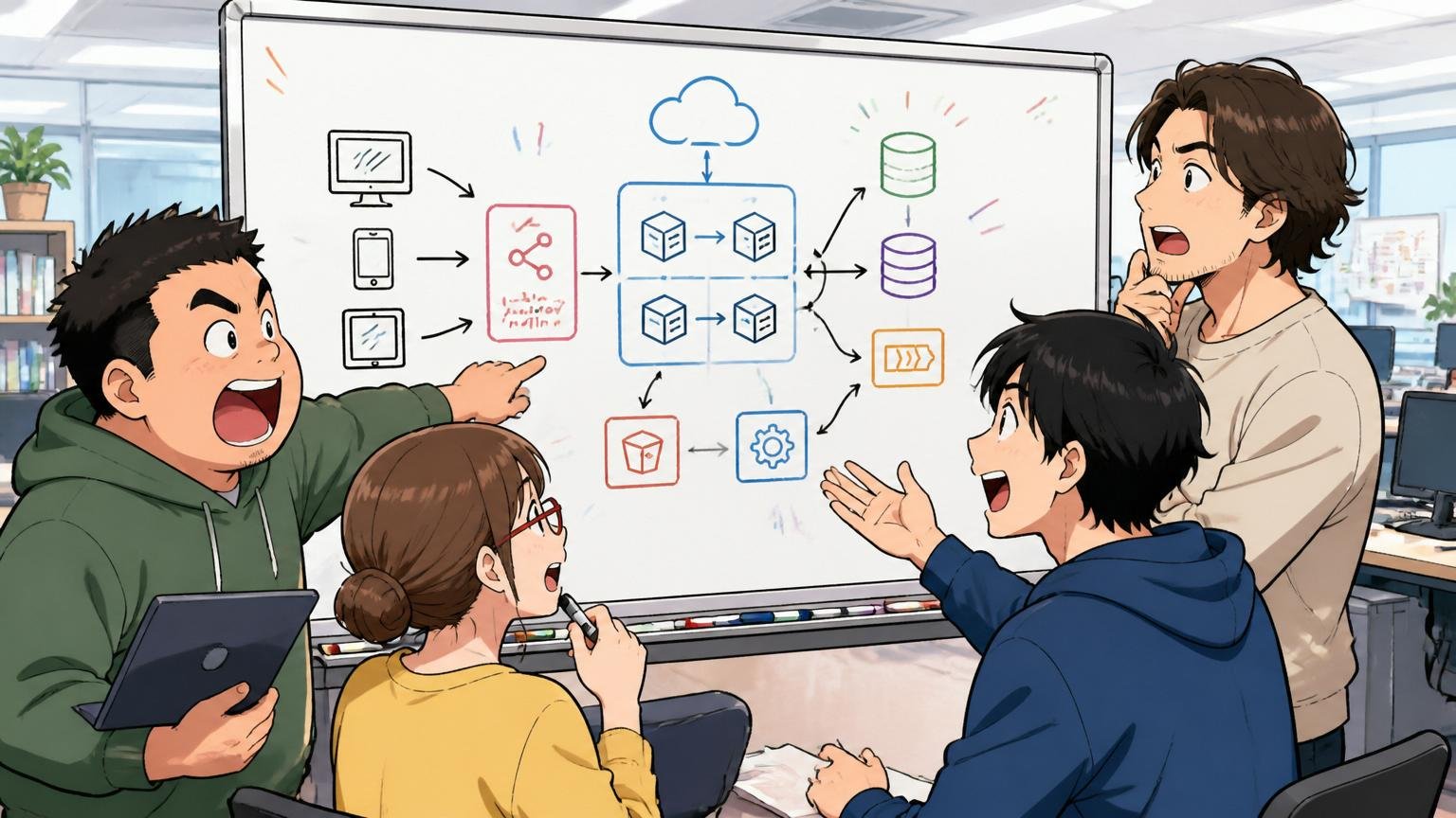 技術スタックと開発体制。Web系スタートアップの開発フロアで4人のエンジニアがホワイトボード前でアーキテクチャ議論