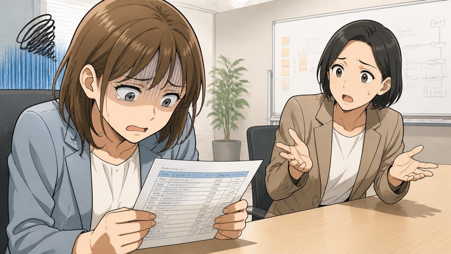 独立系SIerの会議室で30代の女性エンジニアが給与明細を手に肩を落としている横で同僚が困った表情を浮かべている