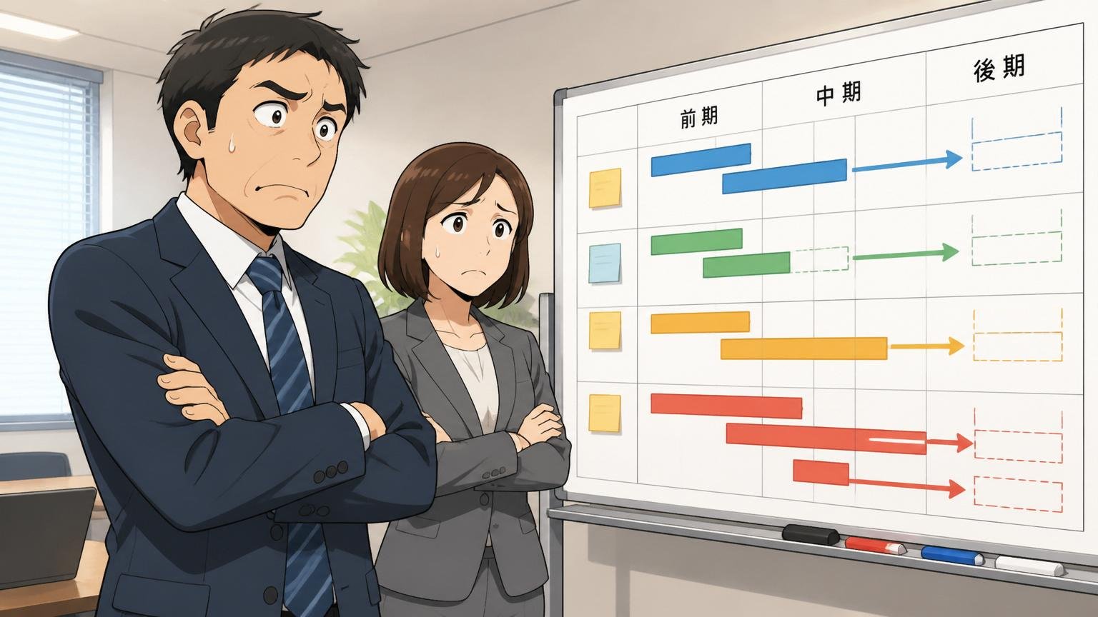会議室でホワイトボードの中期計画を見ながら腕を組み不安げな表情を見せる社員、2人