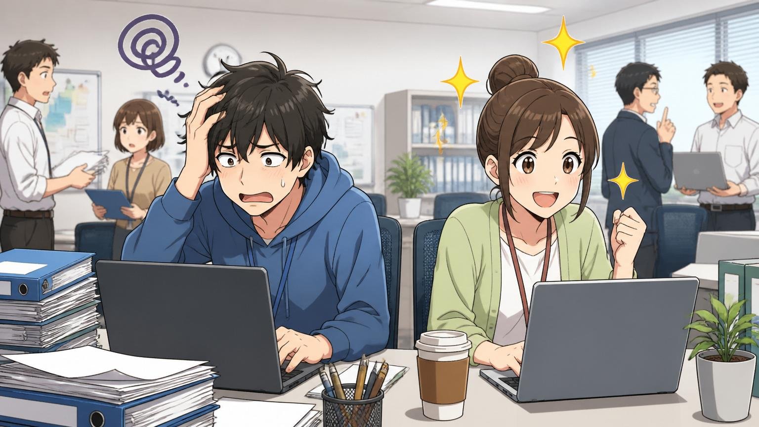 客先常駐が合う人と合わない人、客先のオフィスで男女2人のエンジニアが並んで作業する、対照的な表情