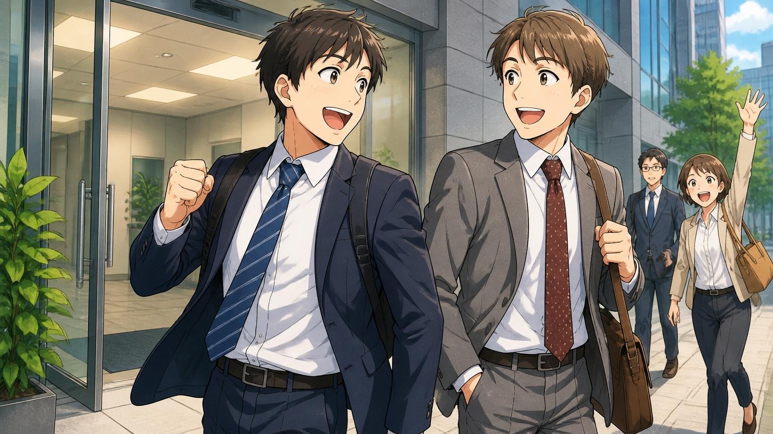 残業少なめ年間休日や昇給の強み。定時退社でIT企業のオフィスを出て笑顔で帰る若手社員2人
