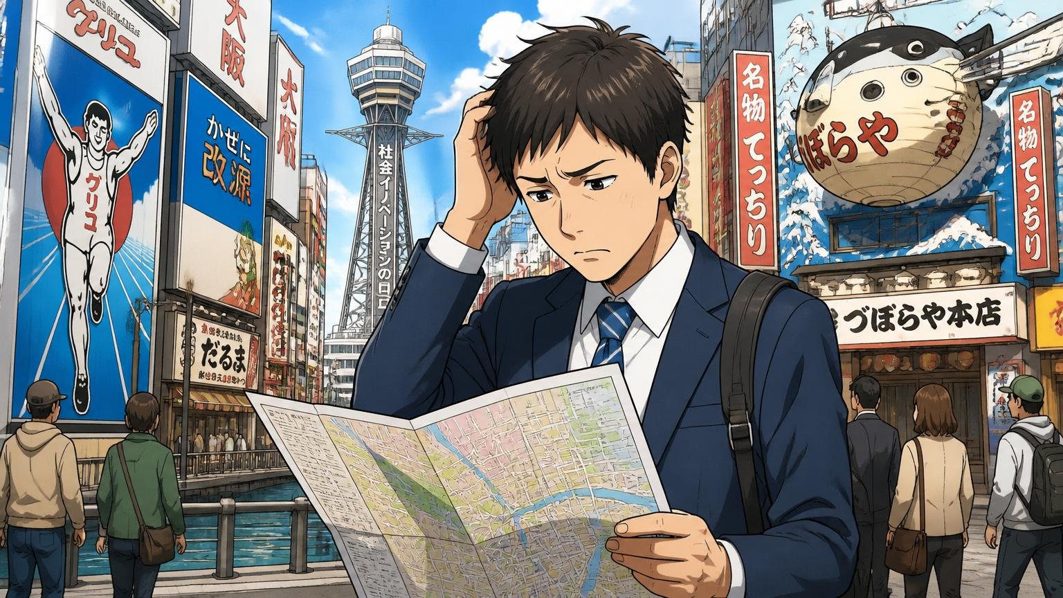 関西圏中心という現実|大阪の街並みを背景に|転職を検討する男性1人|地図を見ながら悩む表情