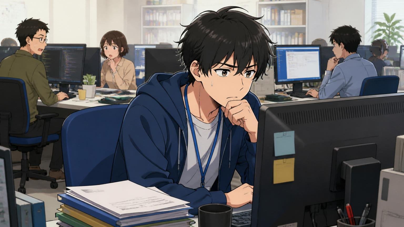 中堅層が薄く教わりにくい。SIerの開発現場で一人画面に向かい考え込む20代男性エンジニア