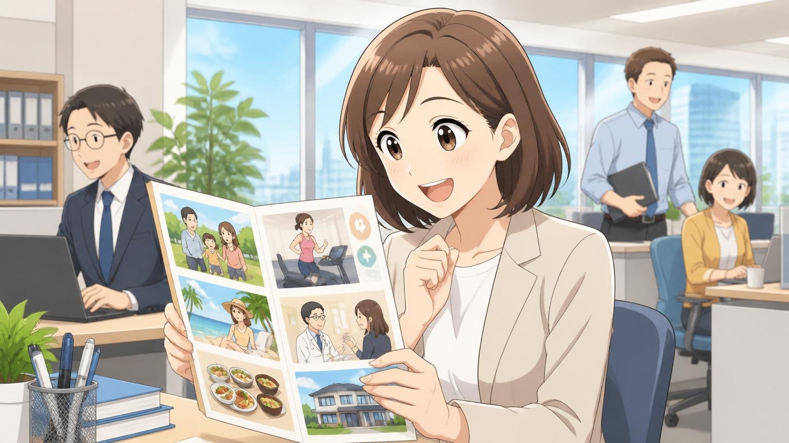 福利厚生と大手グループの安定。明るいオフィスで30代女性社員が福利厚生の案内を見て安心した笑顔