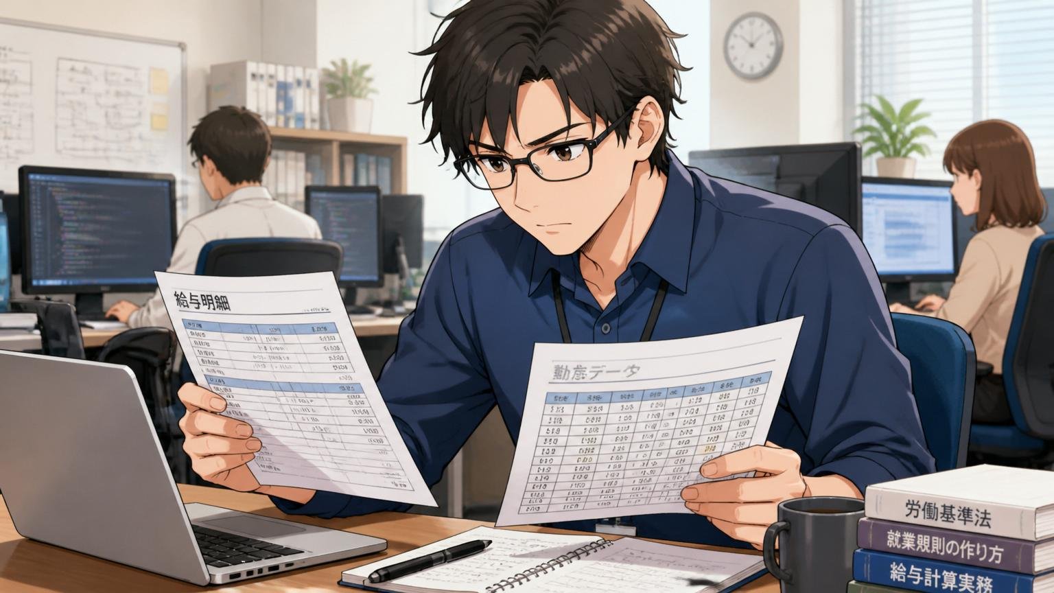 オフィスのデスクで給与明細と勤怠データを見比べながら冷静に分析する30代エンジニアの落ち着いた様子