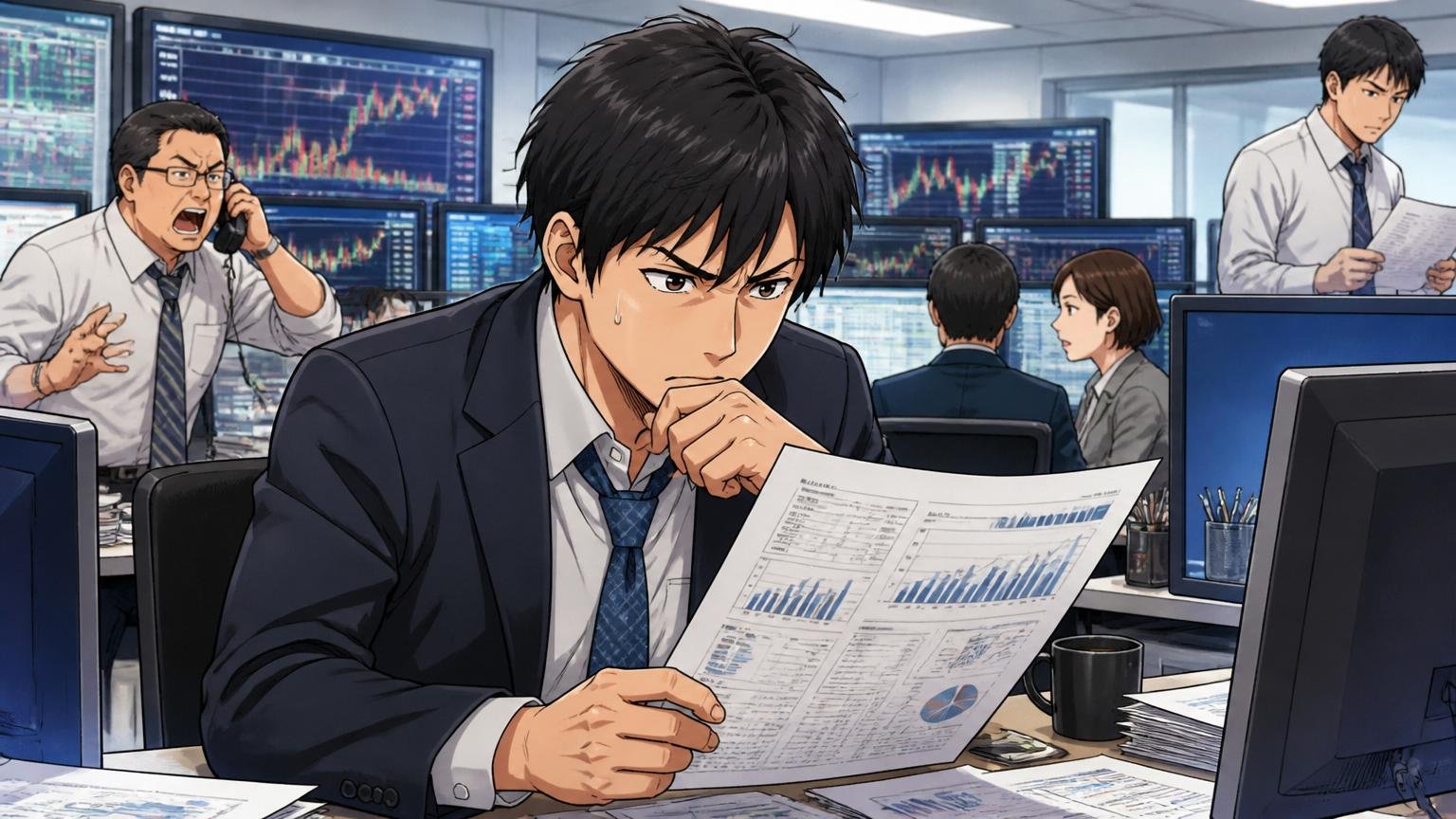 持株会社と事業会社で年収は別物。投資銀行のフロアで30代男性社員が決算資料を見ながら難しい顔をしている
