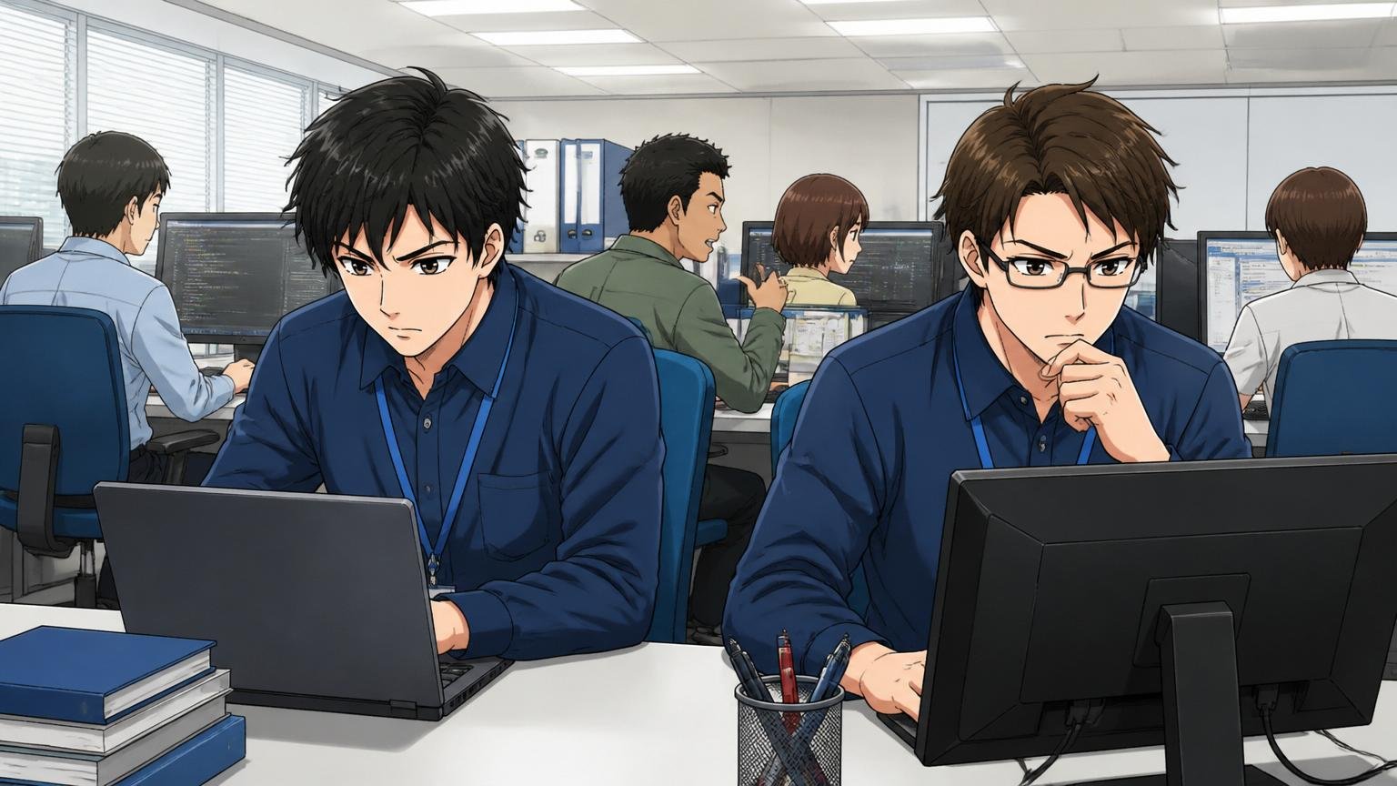 客先常駐・SESが約3割存在する現実。客先企業のオフィスで他社社員に混じって作業するSCSKエンジニア2名の真剣な表情