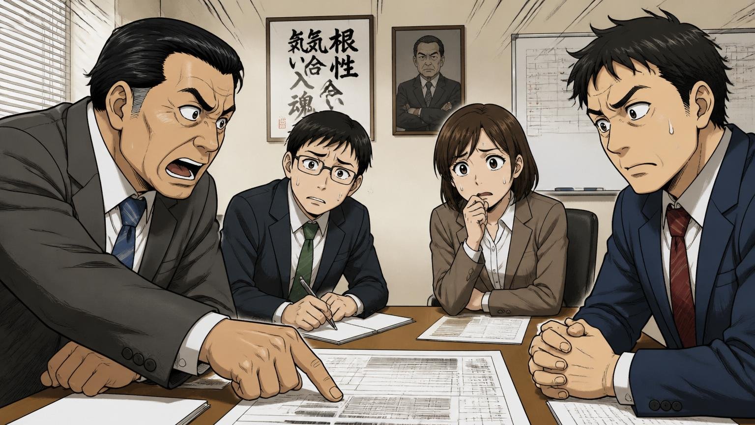 昭和体質・体育会系の社風、企業の会議室で打ち合わせ、ビジネスパーソン4人、緊張した表情