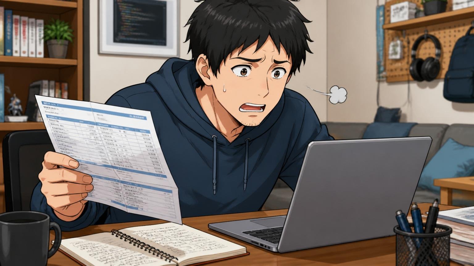 自宅のデスクで給与明細とノートPCを見比べてため息をつく30代男性エンジニア