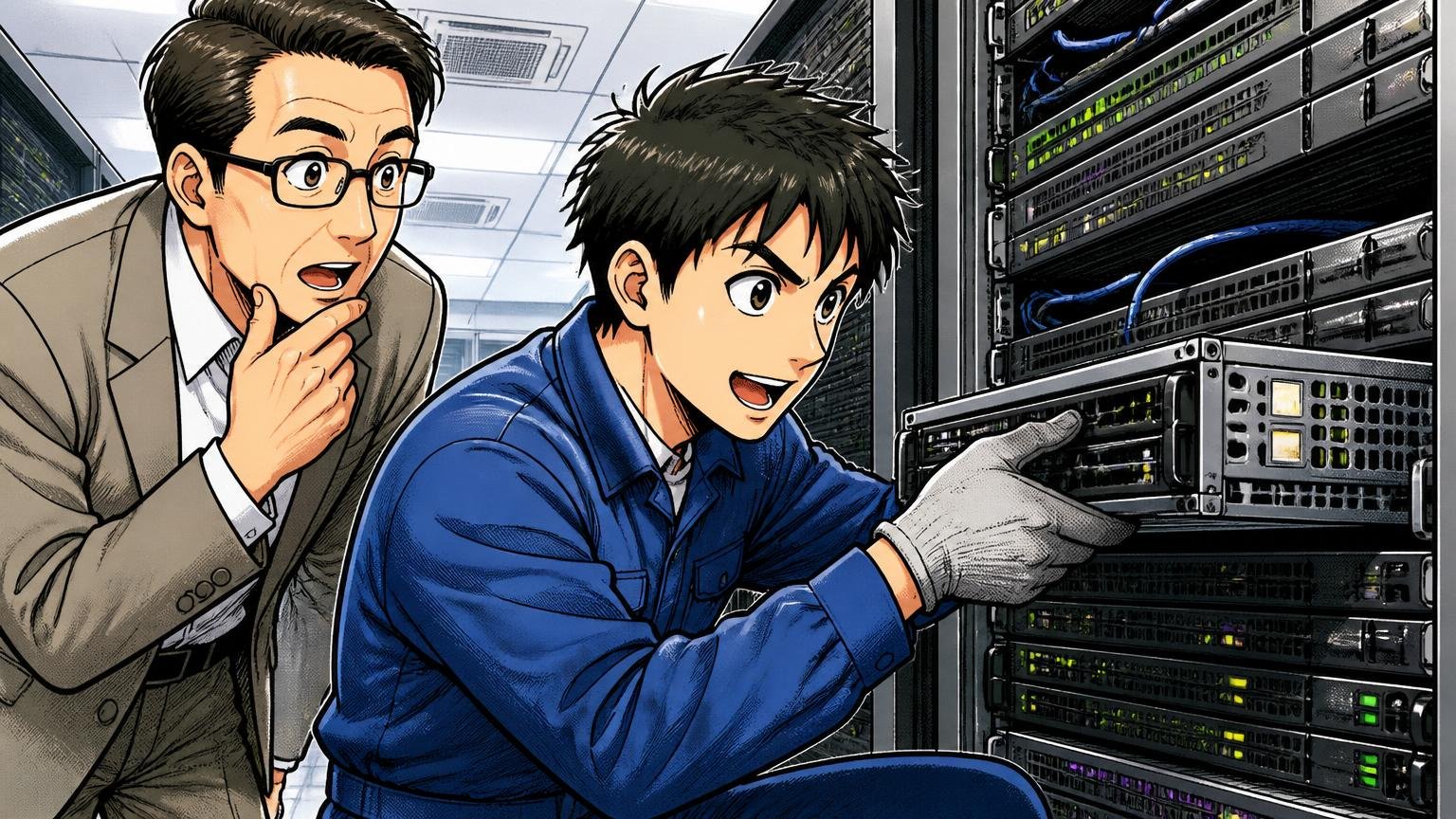 IBM Powerサーバーのメンテナンスをする技術者と顧客、企業のサーバールームで2人