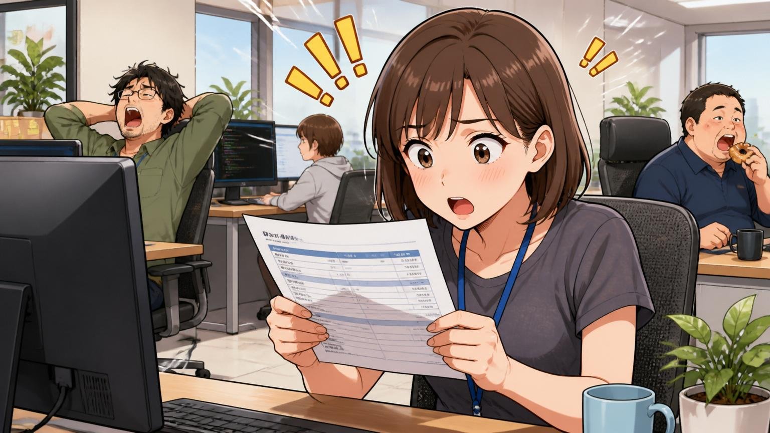 年収・残業・有給【公開データ集計】。Web系IT企業のオフィスで30代女性エンジニアが給与明細を確認する