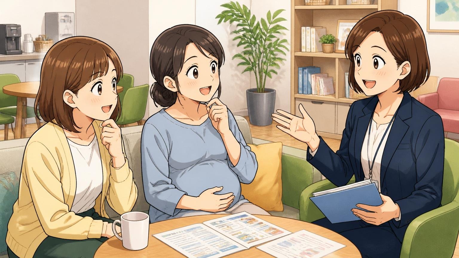 企業のリラックスエリアで産休育休制度を相談する女性社員2名と笑顔で説明する人事担当の女性1名