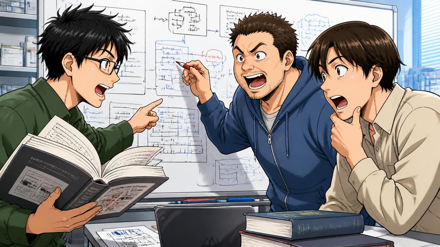 技術書を片手にホワイトボードで設計を議論する技術力の高いエンジニア3人