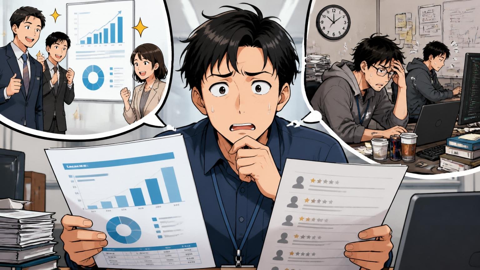 公表値と口コミの矛盾を解説。SIerの開発現場で本社のデータ資料と現場の労働環境を比較する中堅エンジニアの困惑した表情