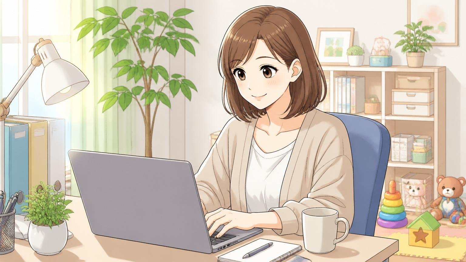 育休・カムバック制度の利用、自宅のデスクで在宅勤務中の30代女性、子供のおもちゃが少し映る、優しい光