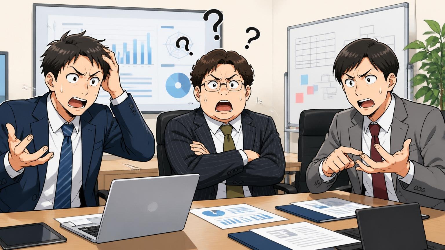 軸③給与評価制度 SaaS企業のミーティングルーム 営業職3人が評価面談で困惑した表情