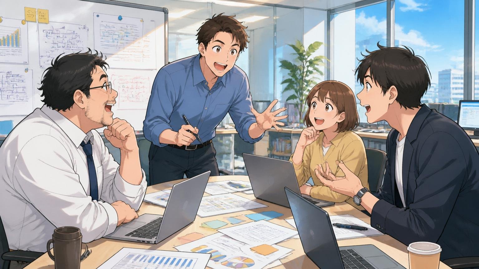 外資系ITのコンサルチームのオフィスで4人の社員が和やかに議論している様子