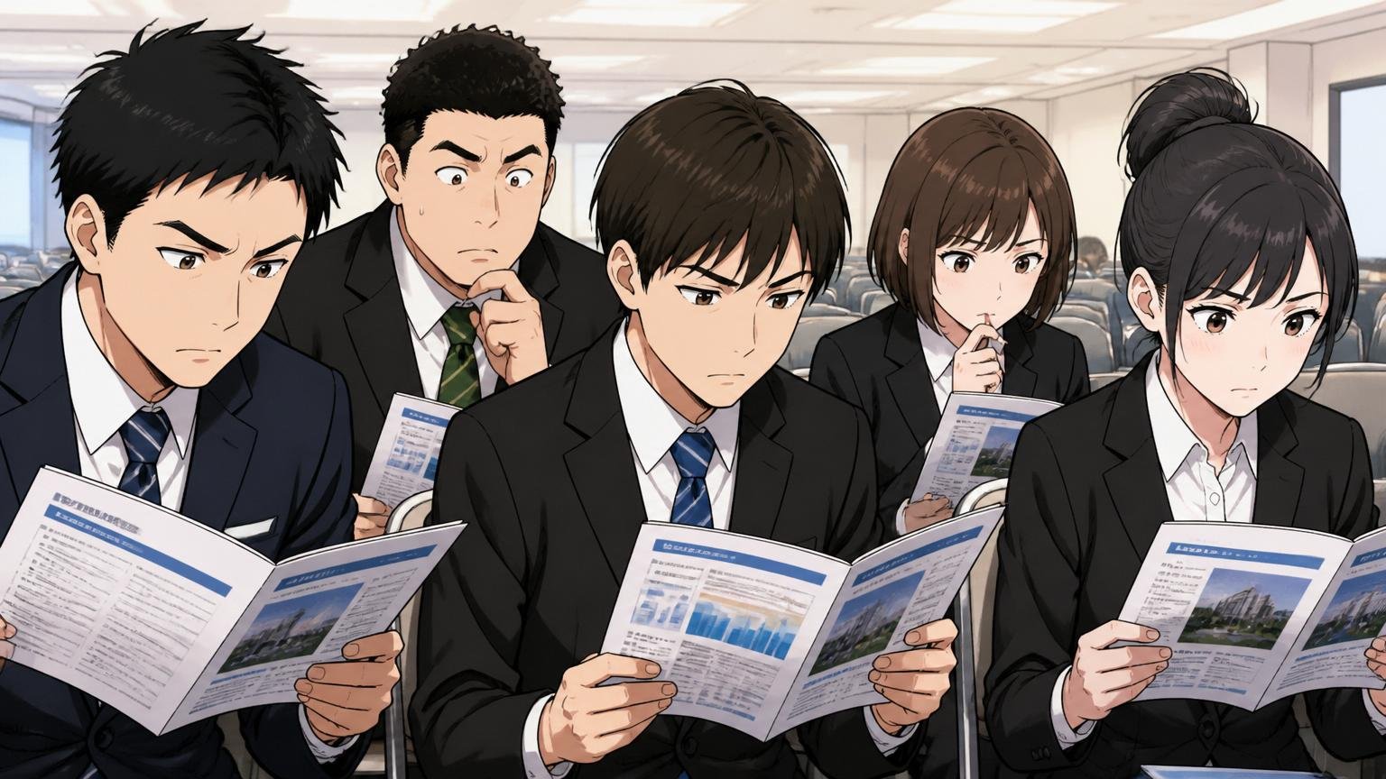 就活説明会に集まる学生たち/企業の説明会会場/20代男女5人/真剣な表情で資料を見る