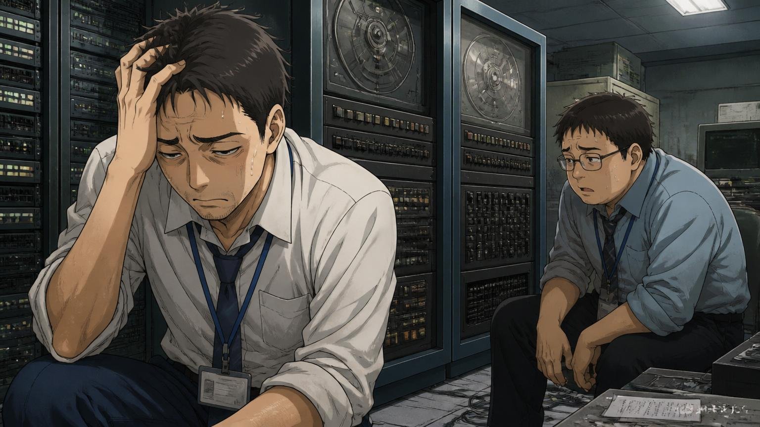 レガシー業務中心で技術成長が止まる／薄暗いサーバールーム／30代エンジニア2人／古いメインフレームの前で疲労した表情