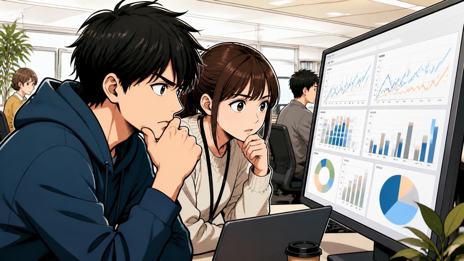 Web系企業のオフィスで評価指標のグラフが映ったモニターを真剣に見つめる男女2人のエンジニア
