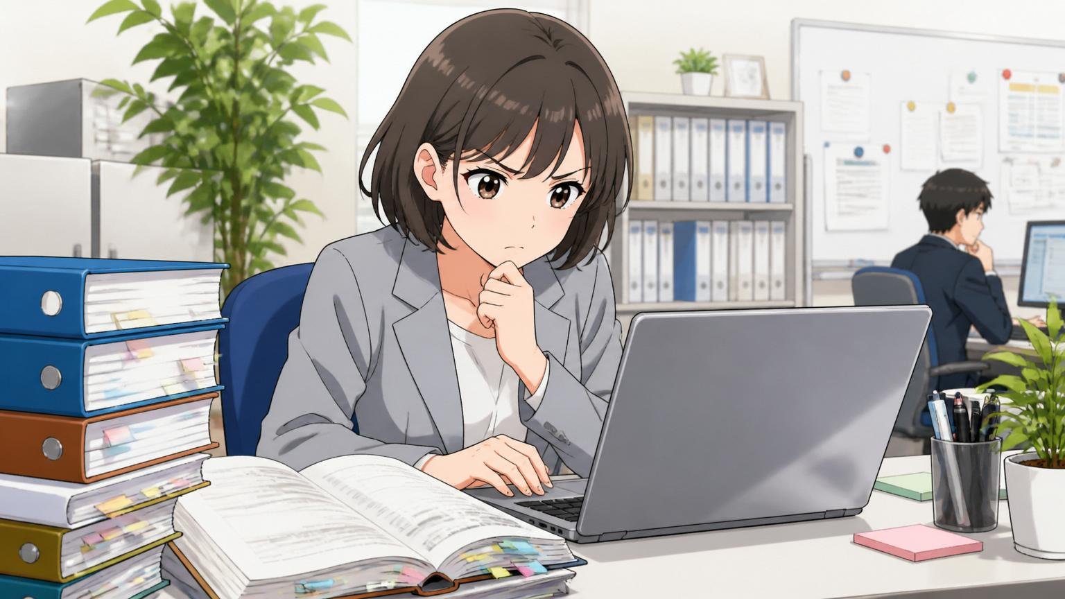 制度面のリアル。Web系企業の人事部オフィスで女性人事担当1名が就業規則を見直しPCで確認している場面