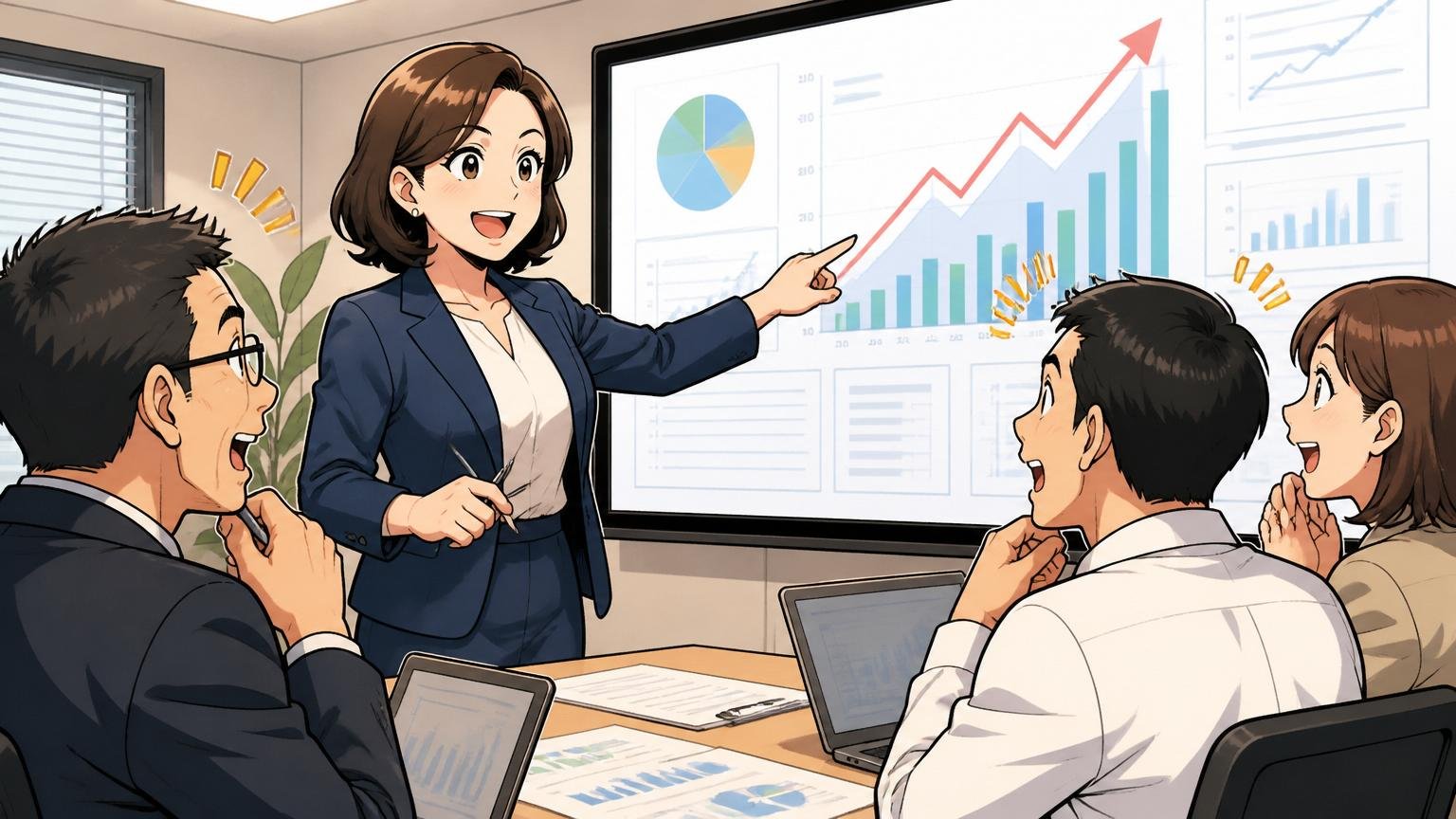 企業の会議室で投資戦略のグラフを指さしながら説明する40代女性経営企画担当者1人