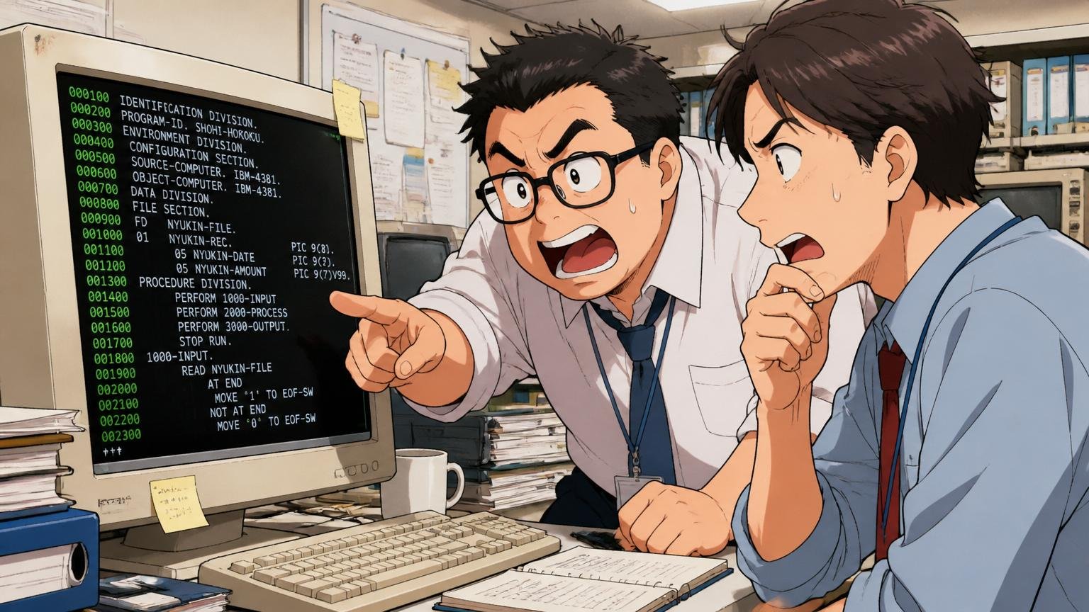 技術スタックが古いCOBOL・独自フレームワーク中心／SIerの開発現場で古いソースコードを画面に映して話し込むエンジニア男性2人