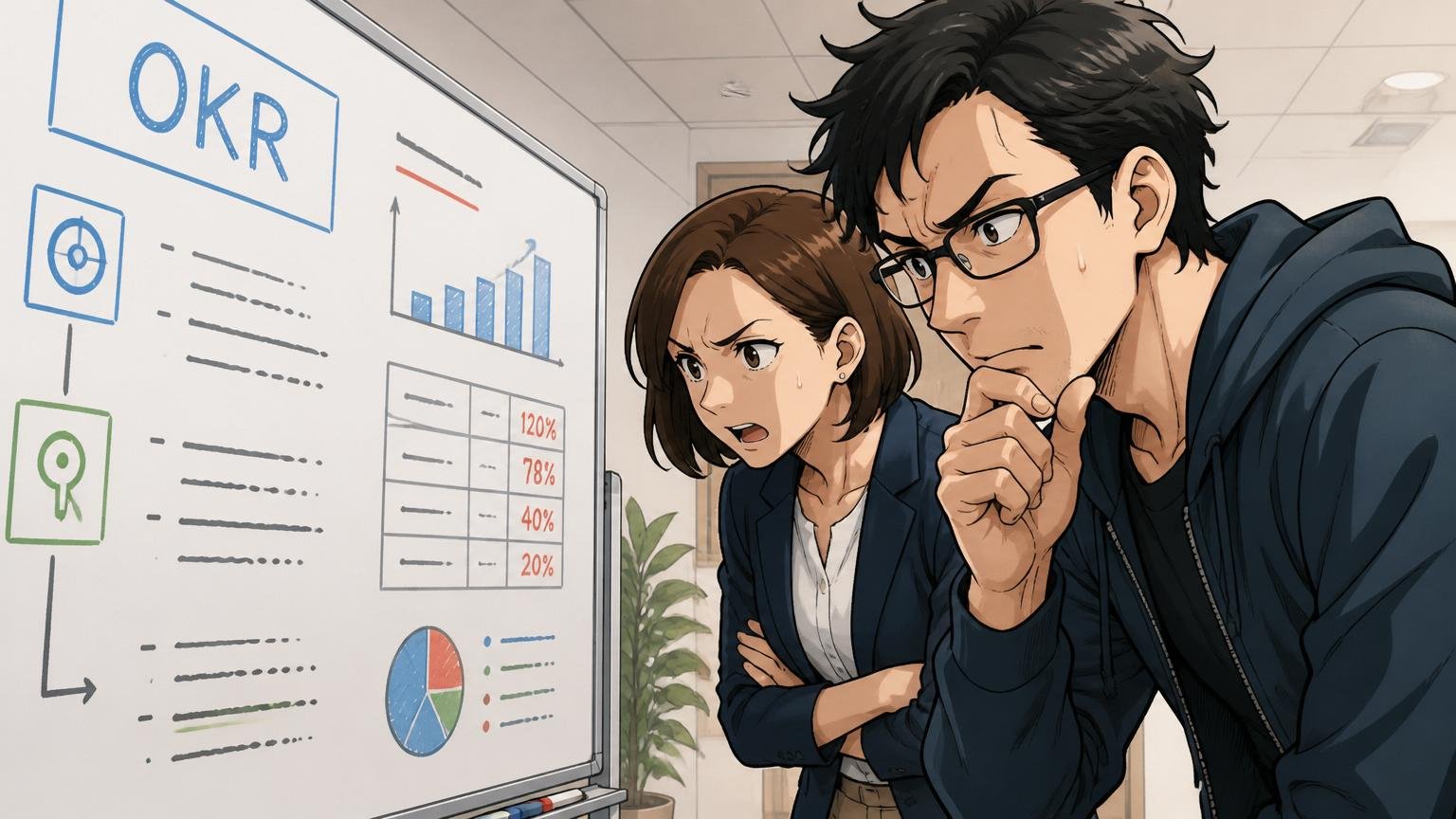 Web系スタートアップの会議室でホワイトボードに書かれたOKRと数字を厳しい表情で見つめる30代エンジニアと営業